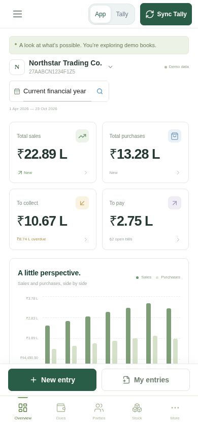 Current Tallykeeping home showing synthetic company data